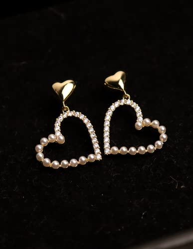 Sonateomber Gold Heart Hoop Drop Dangle Earrings For Women Teen Girls - Statement Sparkly Cubic Zirconia Rhinestone Half Pearl Beaded Post Back Wedding Valentines Jewelry Gifts #TOP5