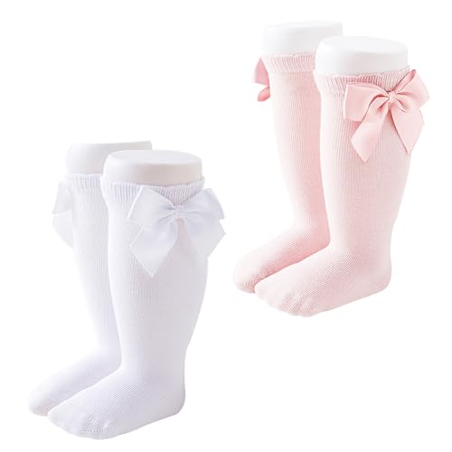 Image of Marchare Baby Girls Knee High Socks Baby Girls Bow Stockings Cotton Uniform Stockings Dress Socks