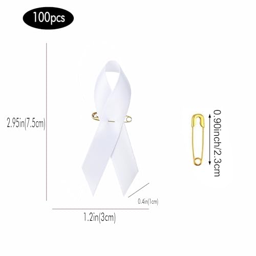 Image of 100pcs White Ribbon Satin Pins Awareness Pins Lung Cancer Awareness for Party Event Supplies Clothing Decoration, 7.5cm