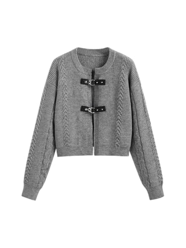 CIDER Cardigan Sweater for Women Round Neck Buckle Sweater Knitted Crop Top Long Sleeve Open Front Outerwear