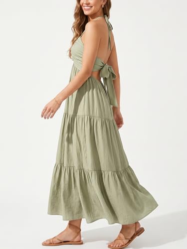Image of Women's Casual Halter Tiered Vacation Maxi Dress with Pockets