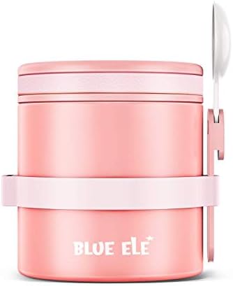 BLUE ELE Leakproof, Vacuum Insulated Thermos Hot Lunch Containers with Ceramic-Coated Stainless Steel, Easy Grip Lid, and Folding Spoon, 13.5oz, Carnation Pink