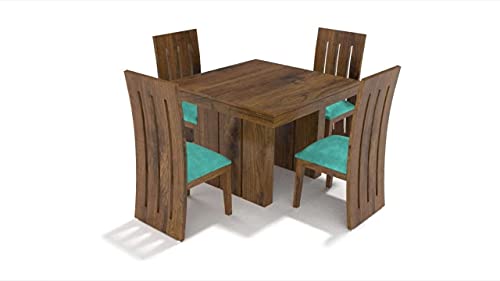 Image of Custom Decor Sheesham Wood 4 Seater Dining Table Set with Cream Cushioned Chairs for Home (Teak) 4 Seater White Sky Blue