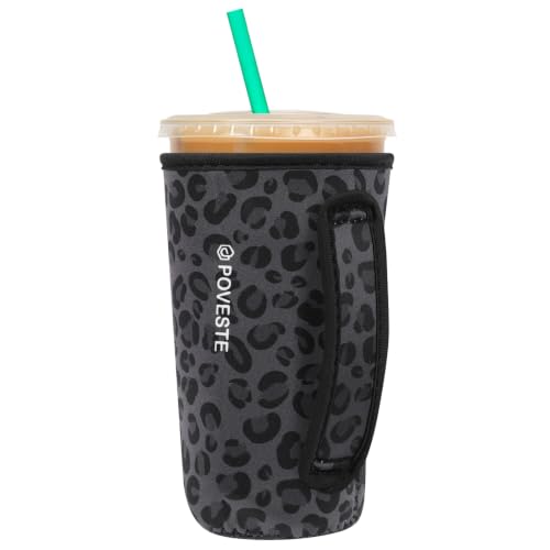 Image of Reusable Neoprene Insulator Sleeve for Iced Coffee & Cold Soda, Coffee Sleeves for Iced & Hot Drinks, Cold Beverage Cooler Compatible with Starbucks, Dunkin (Black Panther, Large: 32oz)