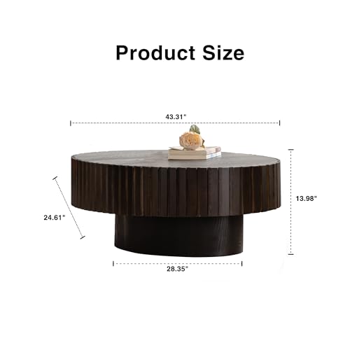 GDFStudio Oval Coffee Table with Handcrafted Grooves Relief, Modern Round Tea Table Small Living Room Side Tables, Solid Wood Accent Circle Coffee Tables with MDF Pedestal, Easy Assembly, Walnut Black by GDFStudio - Used condition - Image 2