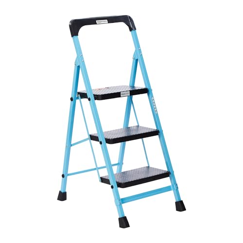 Image of Amazon Basics - Foldable Step Ladder with Tool Tray, Safety-Clutch Lock, Ribbed Steps, Anti-Skid Rubber Shoes, 3 Steps (Iron Ladder, Black & Blue)