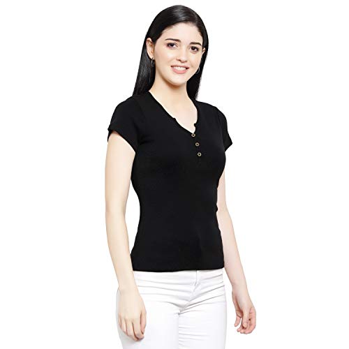 Image of Women Solid Slim Fit Henley V-Neck Button Front Short Sleeve Casual Cotton Top