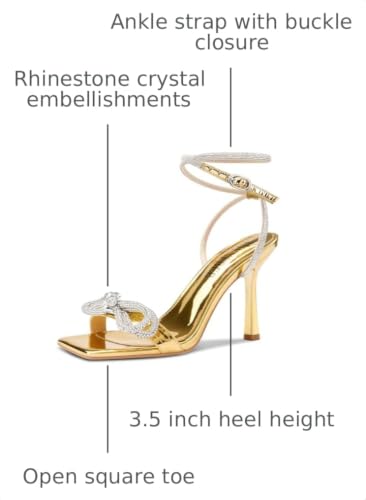 Image of TNYNFBEB Womens Stiletto High Heel Open Square Toe Sandals Ankle Strap Two-Piece Buckle Rhinestone Crystal Bow-knot Prom Dress Summer 3.5 Inches Heels