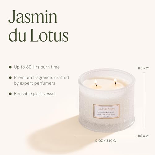 LA JOLIE MUSE Jasmin du Lotus Candle - Ivy, Jasmine, Cedarwood | 12 oz Large 2-Wick Soy Wax Candle | 60 Hours Clean Burn | Floral Scented Candle | Gift-Ready for Hosts & Gatherings