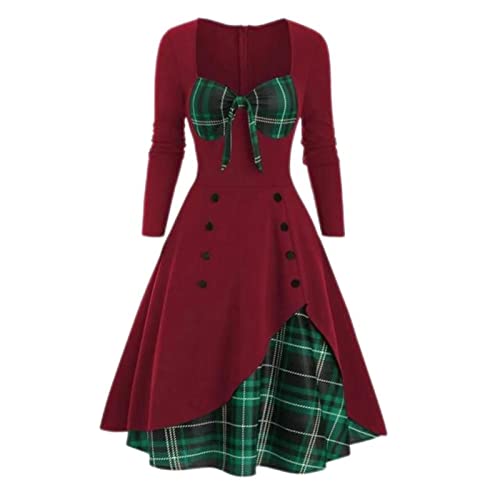 WEITING Vestido Elegante Vintage Ajustado para Mujer de Manga Larga con Cuello en V y Escote con Cordones, Vestido de Moda para Fiestas de Navidad Rojo Vino, 2XL