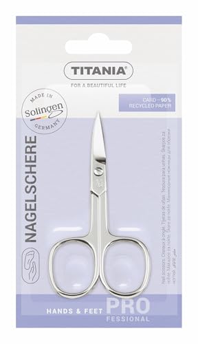 TITANIA Nagelschere Solingen (9,5cm) • Gebogene Schere • Extra scharfe Nagelschere • Professionelle Maniküre Schere aus Carbonstahl • Made in Germany (Solingen)