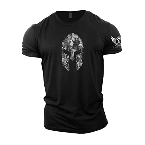 GYMTIER Spartan Forged - Gym T-Shirt with Spartan Helmet Design and Hexagonal Camouflage, for Men, Suitable for Bodybuilding and Workouts