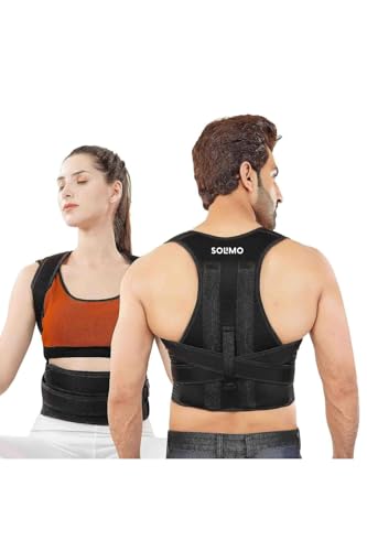 Image of Amazon Brand - Solimo Posture Corrector for Men & Women - Adjustable Back Brace with Lumbar Support, Shoulder Support & Waist Belt for Pain Relief & Better Posture | Black