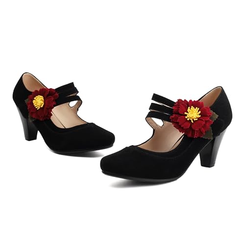 Elerhythm Women's Mary Jane Flower Ankle Strap Vintage Heels 1920s Pumps Closed Round Toe 1950s Victorian Retro Shoes2