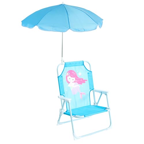 Heritage Kids Outdoor Portable Folding Beach Chair with Umbrella and White Metal Legs, Blue with Pink Mermaid, Ages 3+