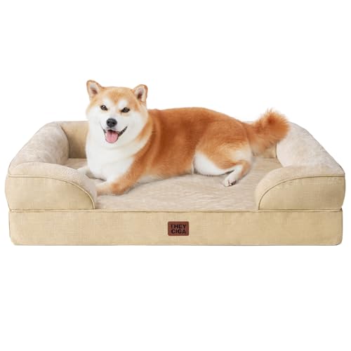 Image of EHEYCIGA Orthopedic Dog Beds for Large Dogs, Waterproof Memory Foam Large Dog Bed with Sides, Non-Slip Bottom and Egg-Crate Foam Pet Couch Bed with Washable Removable Cover, Greige