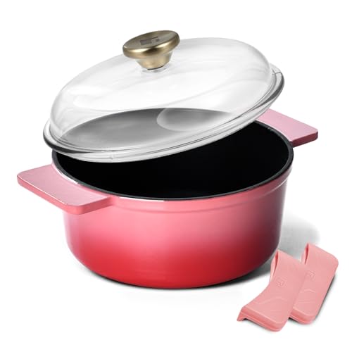Image of Bergner Excalibur Lightweight Cast Iron Dutch Oven /Biryani Pot /Casserole with Glass Lid, 26cm /5L, Non-Stick Coating, PFAS Free, Elegant Design, Silicone Grips, Induction and Gas Stove Ready (Pink)