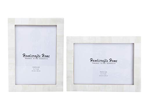 5x7 Picture Frame Made of Solid Wood & Bone Inlay or Mother of Pearl Handmade Set of 2 Pieces for Table Top Display and Wall Mounting Photo Frame [5x7 White]