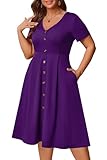 Nmoder Plus Size Dresses for Curvy Women Church Cocktail A Line Wedding Guest Midi Dress Short Sleeve with Pockets Purple