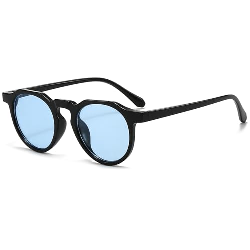 Long Keeper Retro Runde Sonnenbrille Damen Herren Kleine Vintage Getönte Sonnenbrille Rund Nachtfahrbrille Unisex Mode Runde Brille mit UV400 Schutz (Schwarz Rahmen - Blau Gläser)