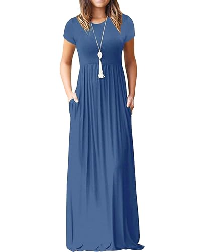 Image of MISFAY Women's Short Sleeve Maxi Dresses Long Casual Dresses with Pockets | Empire Elastic Waist, Crew Neck, Floor Length, Strentchy Flowy A Line Fit, Loose Plain Summer Outfits, Vacation Wear