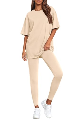 BTFBM Two Piece Lounge Set Women 2026 Fall Casual Oversized Shirts Leggings Matching Workout Airport Travel Outfits(Beige Large)