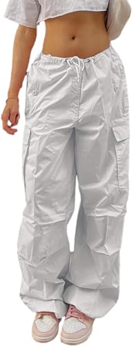 Women's Plus Size Cargo Pants Low Waisted Drawstring Wide Leg Loose Trousers Y2K Parachute Pants with Pockets