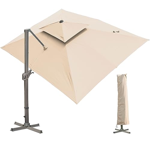 LKINBO Sonnenschirm 300 x 400 cm Rechteckig mit Ständer und Kurbel, Groß Ampelschirm Terrassenschirm 360°Drehbar Parasol Windfest Gartenschirm Wasserdicht Marktschirm für Garten Deck Outdoor, Khaki