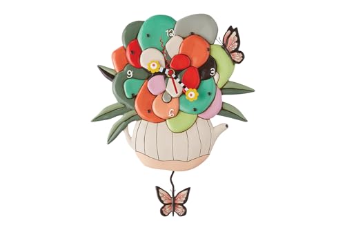 Enesco Allen Designs - Orologio da parete a pendolo a pendolo con fiori e farfalle, orologio analogico a pendolo, in resina di pietra, orologio decorativo per pareti, decorazione per la casa, orologi