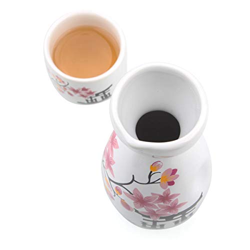 Abuff Japanese Sake Set, 1 Tokkuri Bottle & 4 Ochoko Cups, Spring Blossoms Ceramic Sake Set- Microwave And Dishwasher Safe #TOP3