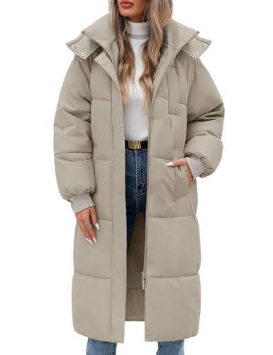 Vancavoo Wintermäntel Damen Lang Steppmantel Winter Daunenmantel Warm Jacke Mantel Daunenjacke Steppjacke mit Kapuze und Reißverschluss,Hellgrau,M