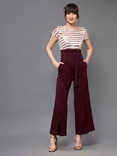 Image of Miss Chase Women's Halter Neck Sleeveless Solid Wide Leg Sequin Paneled Regular Length Jumpsuit