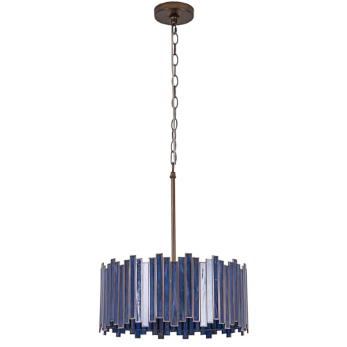 Wrlmfy Drum Chandelier 4-Light, Antique Brass Tiffany Pendant Lighting Fixture with Stained Deep Blue Glass Shade, 16” Round Ceiling Hanging Lamp for Bedroom Dining Room Kitchen Entryway Living Room