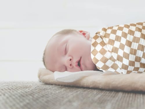 Image of Little Jump Muslin Swaddle Blanket Baby - 40 inch x 47 inch Large Cotton Swaddling Blanket Soft Neutral 3 Pack (Coffee Checkered & Khaki & Teddy Bear)