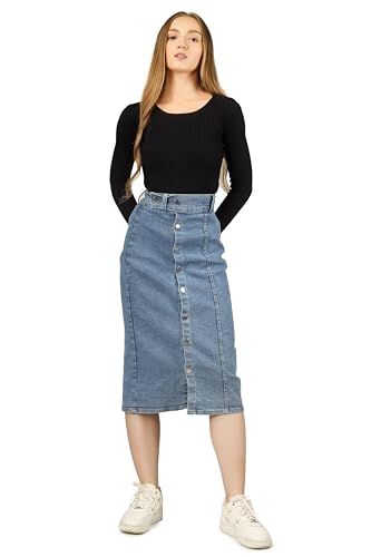 Image of Straight Stylish Comfortable Long Two Button Up Slit Dobby Denim Skirt for Women & Girls