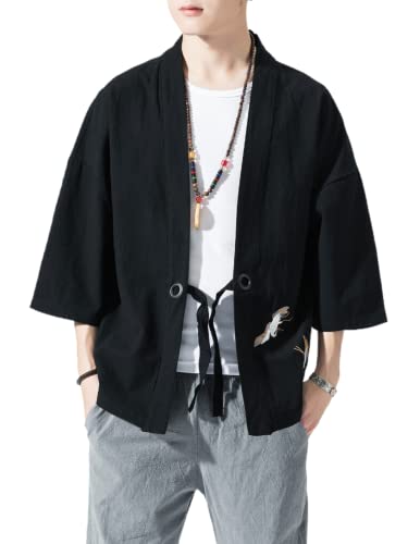 Image of Men's Japanese Kimono Cardigan Loose Cotton Linen 3 /4 Sleeve Open Front Casual Summer Shirt Jackets