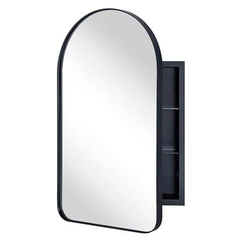 EGHOME Matt Black Arched Recessed Bathroom Medicine Cabinet with Mirror Stainless Steel Metal Framed Rectangular Bathroom Cabinet with Mirror 16x28.3'' Cover