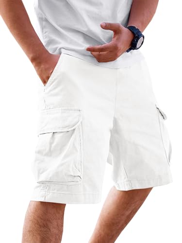 Runcati Mens Cargo Shorts Chino Cotton Drawstring Casual Shorts Summer Twill Outdoor Short Pants White