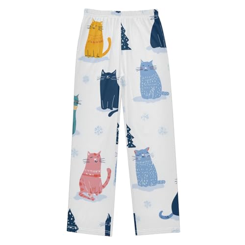 Cat Snowflakes Boys Long Pants Soft Trousers Elastic Waist Kids Lounge Bottoms with Pockets S-XL