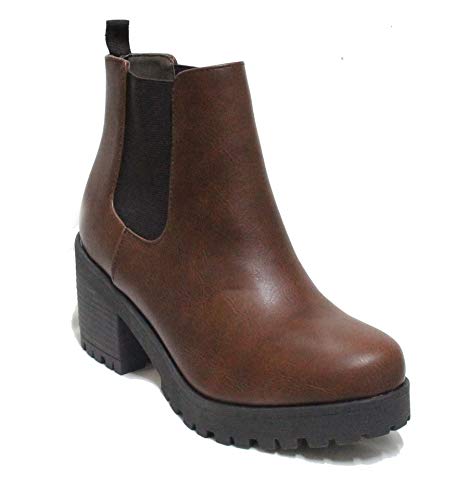 Soda Jaber Ankle Boot W/Lug Sole Elastic Gore and Chunky Heel,Brown Pu,11