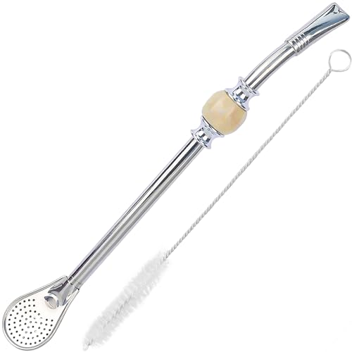 Generic - Premium Yerba Mate Straws, Reusable Stainless Steel Bombilla With Colorful Beads - for Mate Gourd Drinking and Set Accessories, With Removable Head Filter (Light Brown)