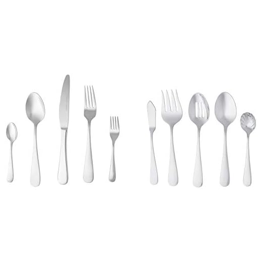AmazonBasics – Juego de cubertería de acero inoxidable de 65 piezas con borde redondeado, servicio para 12