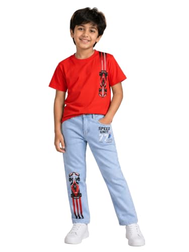 Image of KiddoPanti Boys Printed Co-Ords Set | 100% Cotton & Cottnon Spandex Woven | Drop Shoulder Tshirt with Jeans | Graphic Printed Design| Outerwear For Kids