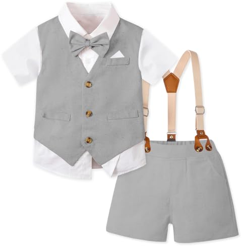 Image of SANGTREE Baby Boy Suit Wedding Ring Bearer Outfits Vest Short Sleeve Bowtie Shirt Suspender Summer Gentleman Shorts Sets