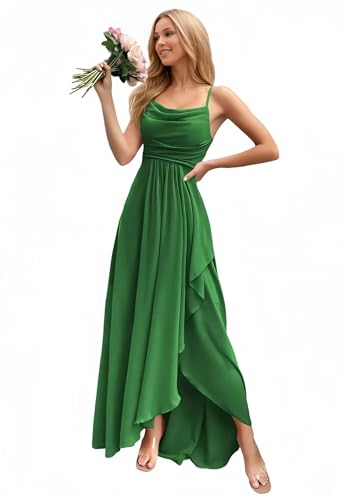 Ruffle Chiffon Bridesmaid Dresses for Women Spaghetti Long Formal Wedding Guest Dress with Slit