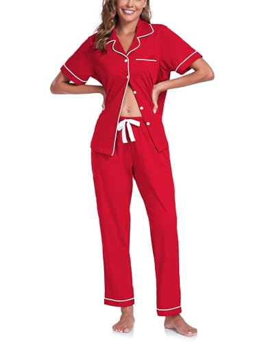 Image of COLORFULLEAF Women's 100% Cotton Pajamas Set Button Down Sleepwear Short Sleeve Shirt and Long Pants Soft Ladies Lounge Sets