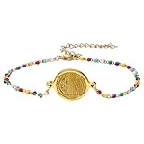 JewelryWe St. Benedikt Armband Damen: Christliches Rosenkranz Gebetsarmband mit Bunten Perlen Edelstahl Benediktusmedaille Schutzarmband Religiöser Schmuck für Frauen Mädchen Teenager