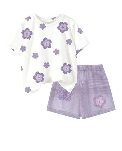 Image of Ayzozuy Kid Girl Clothes Shorts Set 2 Piece Outfits Summer Casual Short Sleeve Top and Shorts Set for Girls 4-7