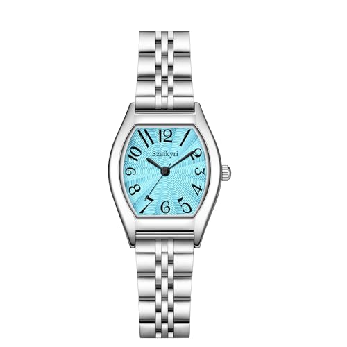 Szaikyri Classique Rectangulaire Montre Femmes avec Chiffres Arabes Faciles à Lire Montre de Dame de Tenue (Blue-Silver)