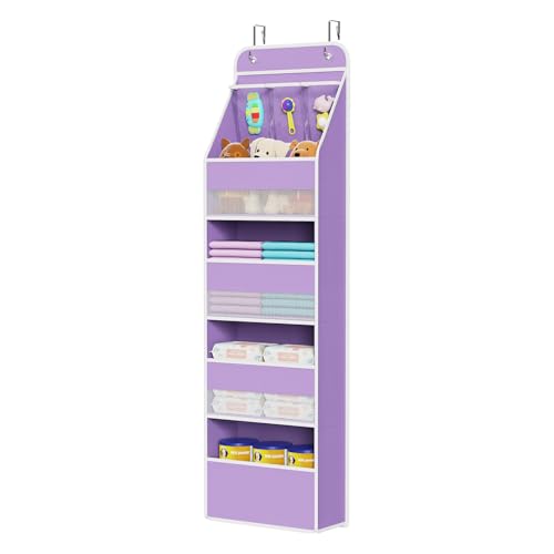 Image of Univivi 5-Shelf Fabric Door Storage Over Door Hanging Organizer with 4 Large Pockets and 3 Small PVC Pockets Nursery Closet Cabinet Wall Mount Hanging Storage Organizers for Baby Nursery (Purple)